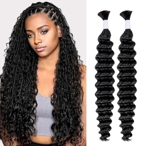 Deep Wave Bulk Human Hair for Braiding 2 Bundles 100g 26 Inch No Weft 10A Brazilian Virgin Curly Human Hair Extensions for Boho Braids Wet Wavy Human Braiding Hair (26"/100G,Black)