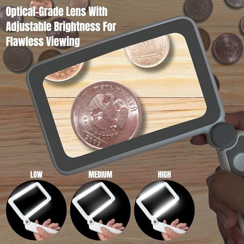 MAGNIPROS Rechargeable 4X Magnifying Glass with Light for Reading, Large Foldable LED Page Magnifier, Dimmable Handheld Rectangle Magnifier for Seniors, Small Print, Low Vision Books