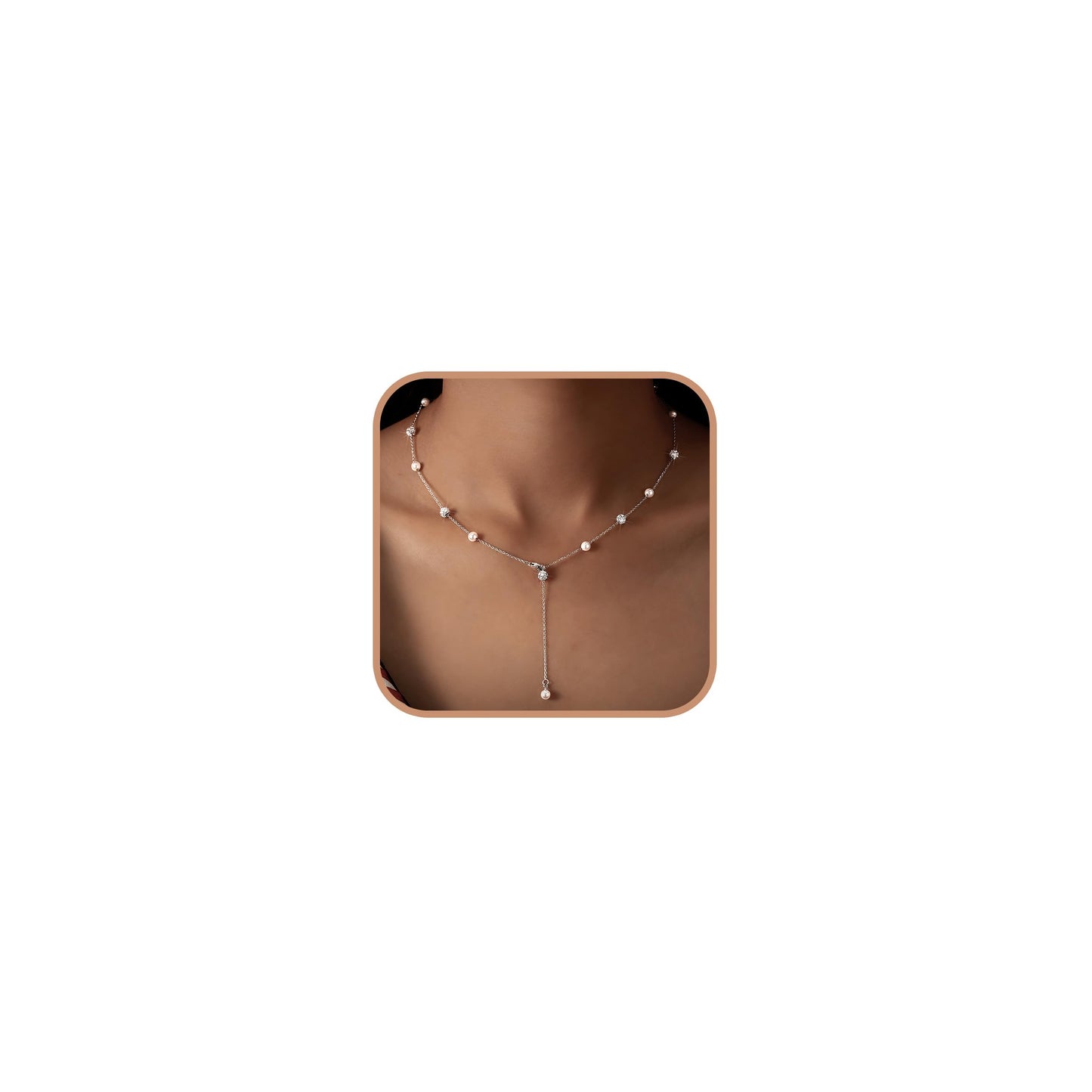 UTISUVIKO Lariat Necklace for Women,Dainty Long 14K Gold Plated Y-Shaped Pearl Necklace 925 Sterling Silver Cubic Zirconia Crystal Ball Sparkle Necklace for Mother Daughter Wedding Valentine’s Day Jewelry