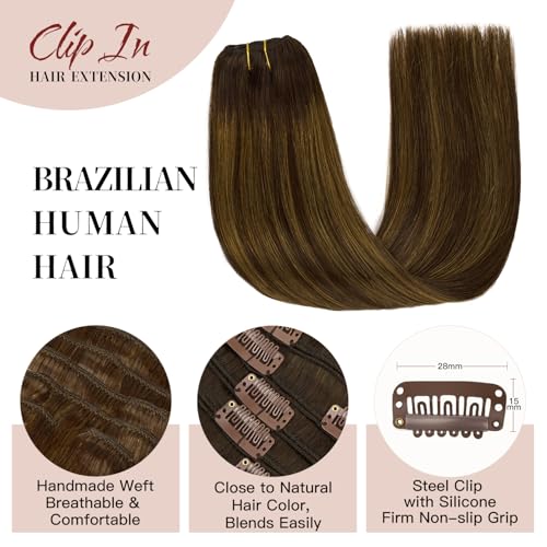 LOVELINE Clip in Hair Extensions Real Human Hair, 100% Remy Human Hair Extensions Clip Ins for Women, 7Pcs 18Inch 120g, Balayage Dark Brown Mixed Chestnut Brown