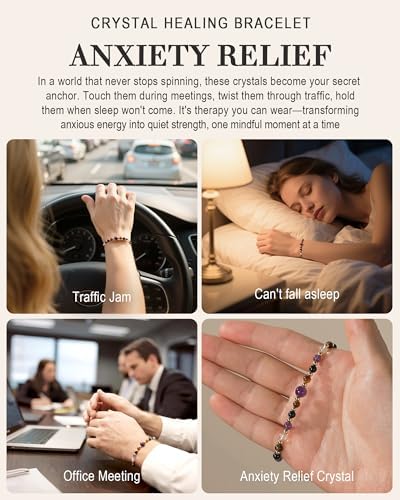 HGDEER Natural Crystal Healing Bracelet for Women - Amethyst Tiger Eye Black Tourmaline Clear Quartz - Anxiety Relief Gemstone Jewelry with Blessing Card