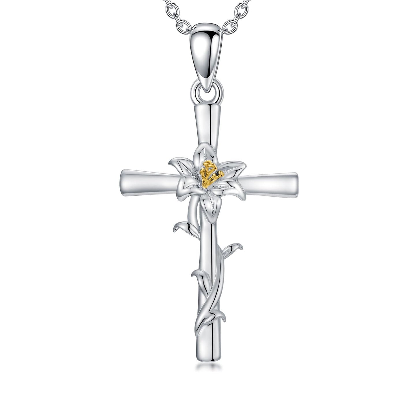 Cargari Lily Cross Necklace for Women Sterling Silver Lily Pendant Floral Necklace Jewelry Birth Flower Gifts for Women