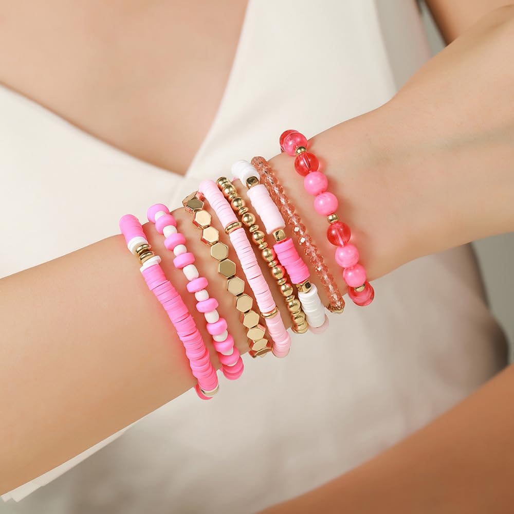 YEOSMINE Boho Heishi Clay Beaded Stretch Bracelets Stack For Women, Preppy Teens Friendship Gold Bracelets Cute Beach Surfer Accessories Bulk Set Trendy Fashion Jewelry