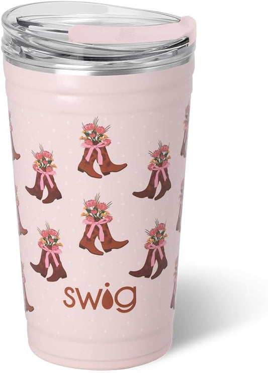 Swig Life 24oz Party Cup, Stackable Insulated Travel Coffee Tumbler with EZ Slider Lid, Cup Holder Friendly, Stainless Steel 24 oz Tumbler, Reusable Coffee Mug (Cowgirl Coquette)