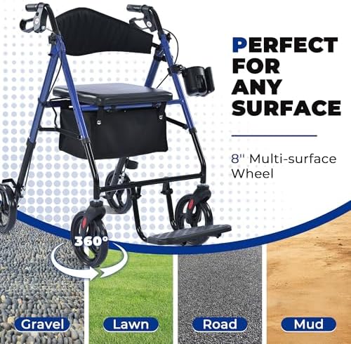 Metro Mobility 2 in 1 Rollator Walker & Transport Wheelchair, Foldable Lightweight Rollator Walker with Seat for Seniors, 8" Big Wheels for All Terrain, 300 lb. Weight Capacity, Blue