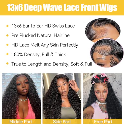 Deep Wave Lace Front Wigs Human Hair for Women 22 Inch Hd Lace Frontal Wig 13x6 Deep Curly Wig Human Hair Lace Front Wigs Pre Plucked 180 Density Natural Color