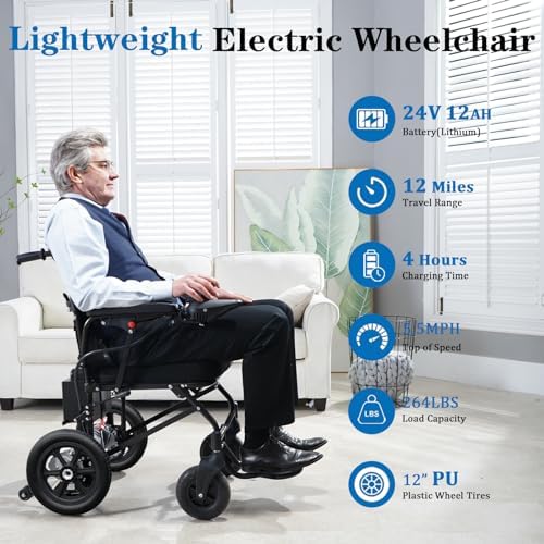 Electric Wheelchairs for Adults Lightweight Foldable, Compact Portable Motorized Power Wheelchair for Travel, Airline Approved 43lb (Black)