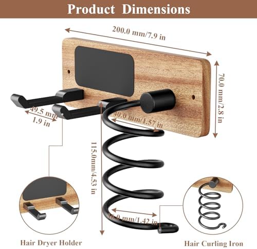 Tindbea Hair Dryer Holder Curling Iron Holder, Blow Dryer Holder Wall Mount, Bathroom Hair Tool Organizer Rack for Universal Dryer, Sapele Wood Matte Black