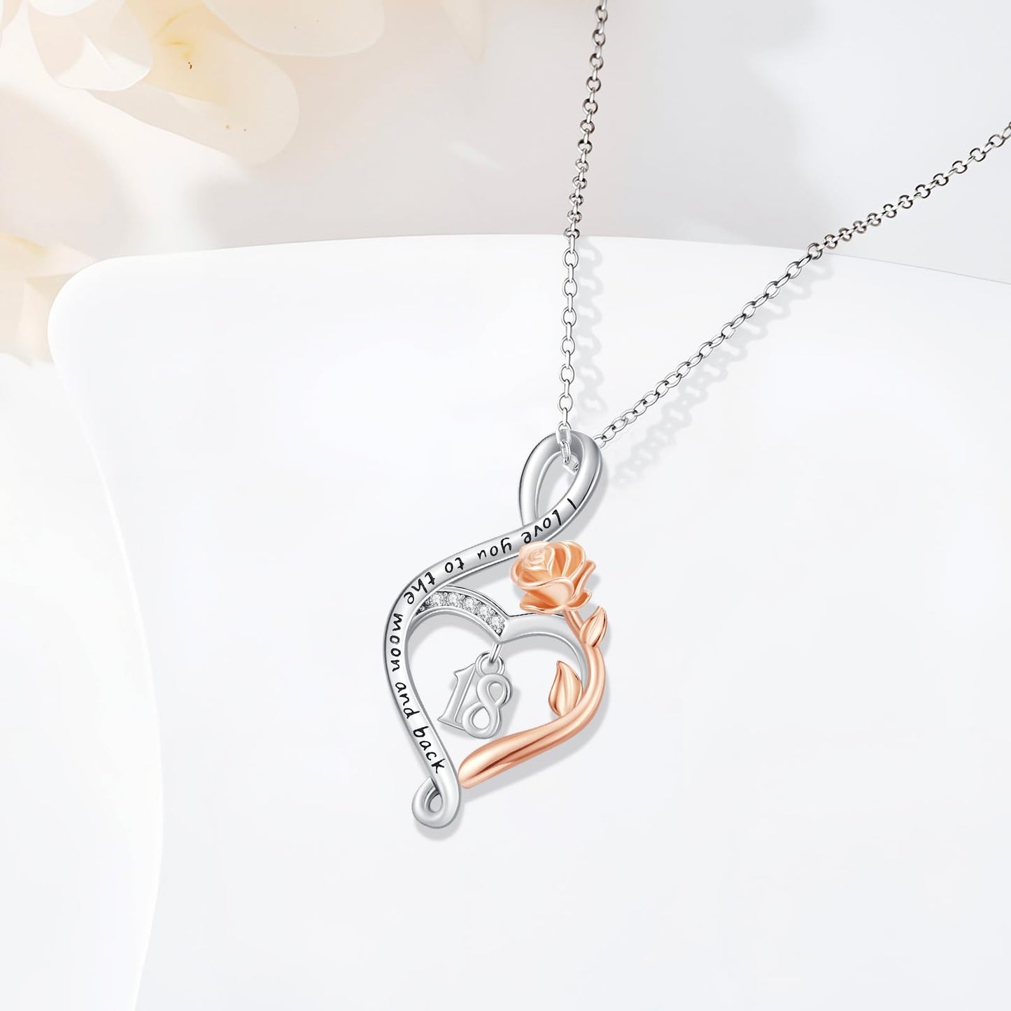 KoyeKei 18th Birthday Gifts for Daughter 18 Year Old Necklace 925 Sterling Silver Rose Flower Heart Infinity Pendant Jewelry Christmas Birthday Gift for Women Granddaughter