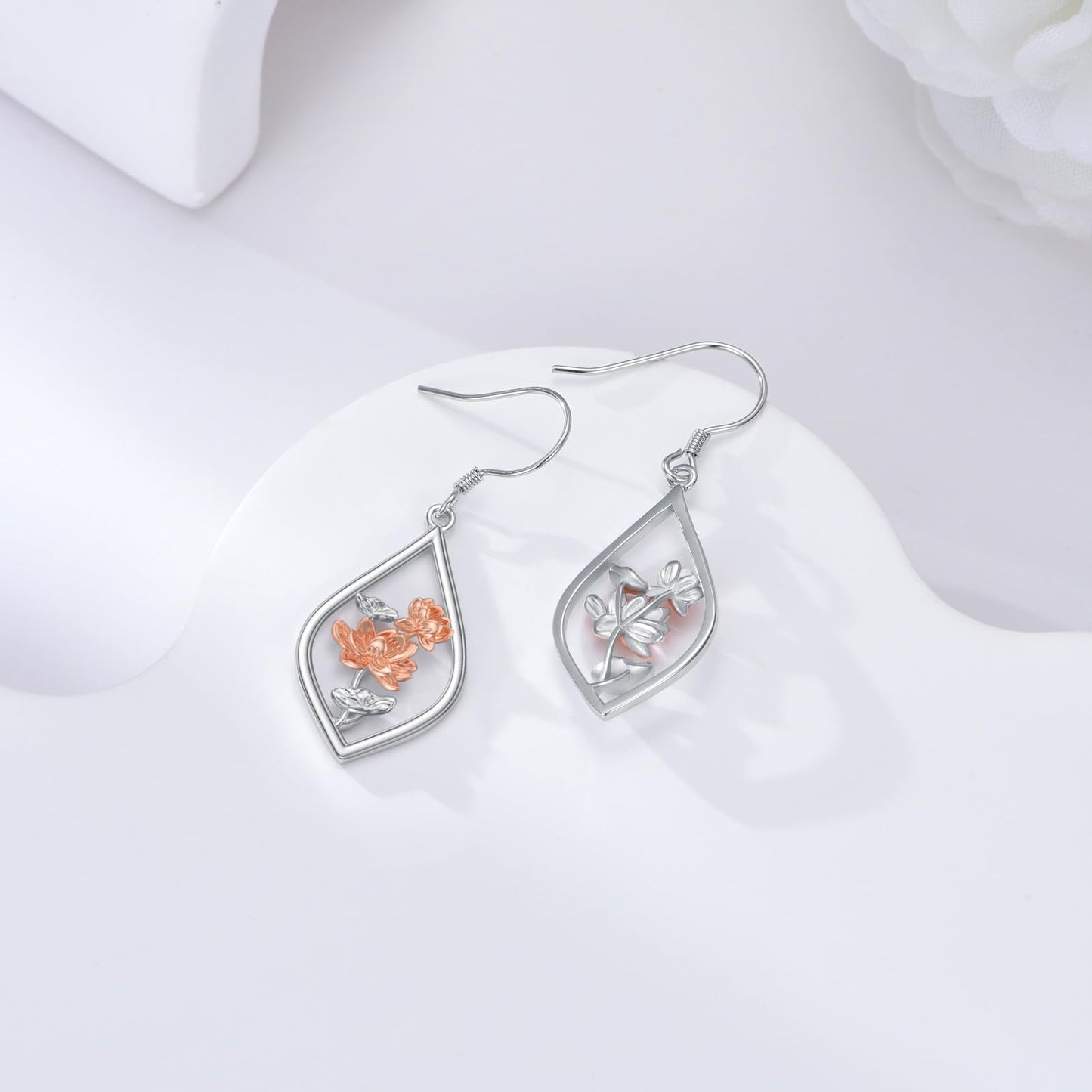 Lotus Earrings Sterling Silver Lotus Flower Floral Dangle Dangling Drop Earrings Boho Yoga Jewelry Gifts for Women