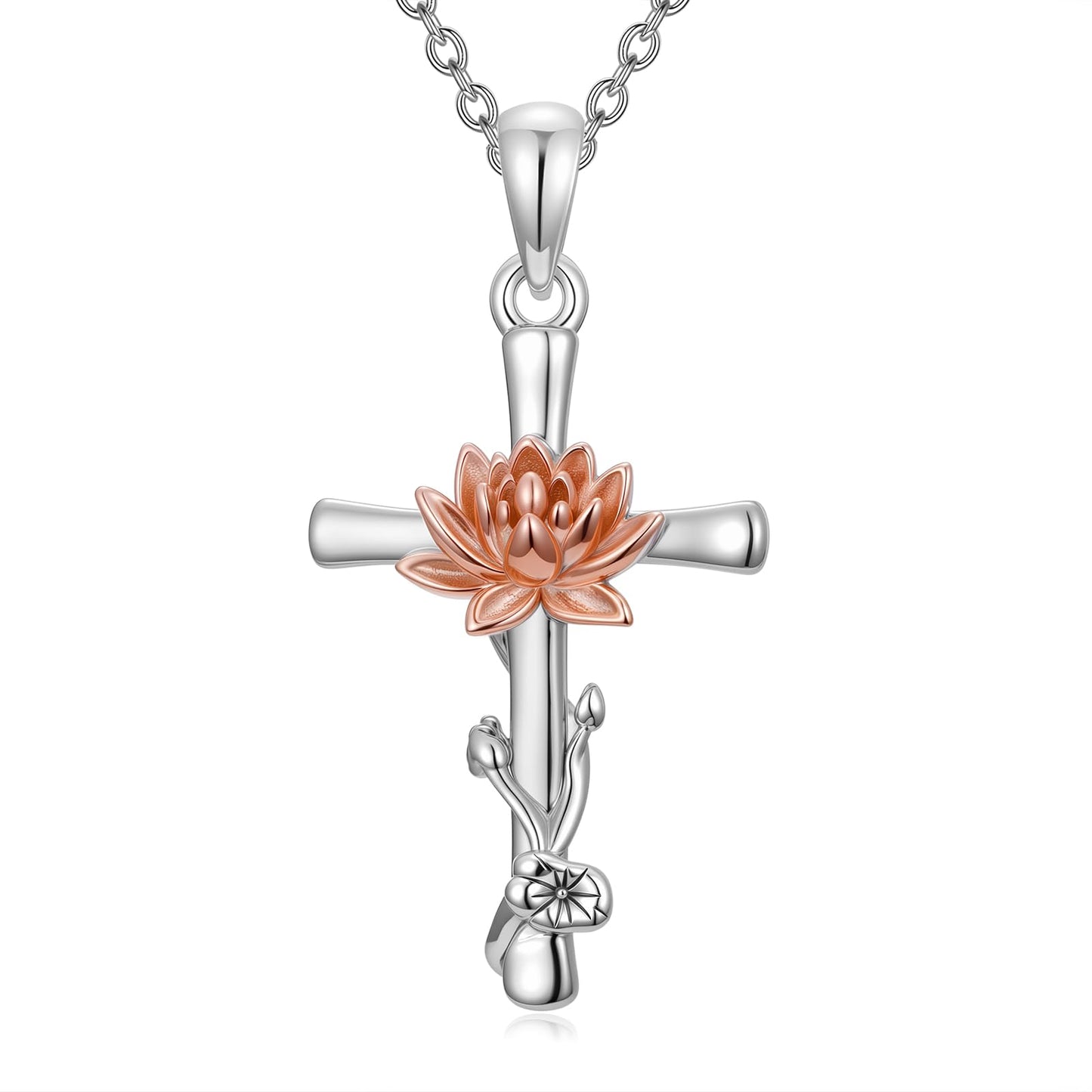 Cargari Lotus Flower Cross Necklace 925 Sterling Silver Lotus Pendant Necklace Floral Religious Jewelry Gift for Women