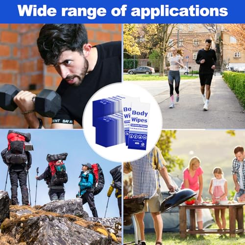 200Pcs Disposable Body Wipes, 7.8 x 9.8 inch Individually Wrapped Bath Wipes for Women Men in Bulk, No Rinse-Free Large Body Bath Shower Wipes for Home Travel Hotel Outdoors Camping After Gym (Blue)
