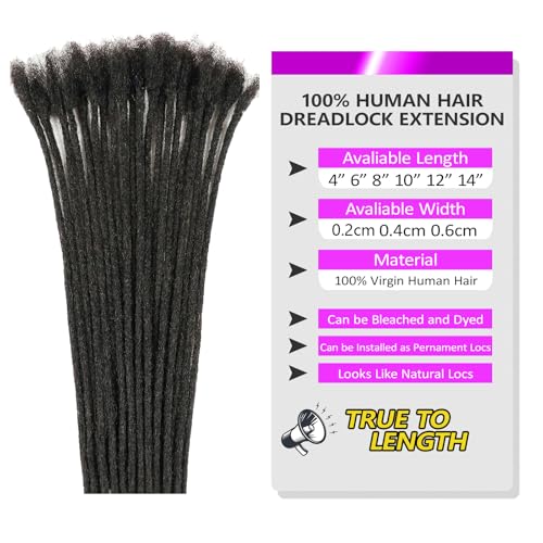 0.6 cm Width 8 Inch 60 Strands Human Hair Loc Extensions, Natural Black 100% Full Handmade Permanent Real Human Hair Dreadlock Extensions for Women/Men/Kids Can Be Dyed Bleached Curled Twisted