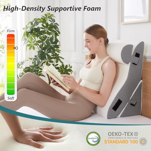 Bed Wedge Pillow Set for Sleeping 3 PCS - 22.5" Wide Triangle Pillow for Back Leg Pain Relief with Washable Cover - 35D Foam Wedge Pillow Post Surgery for Acid Reflux & Snoring (White Grey)