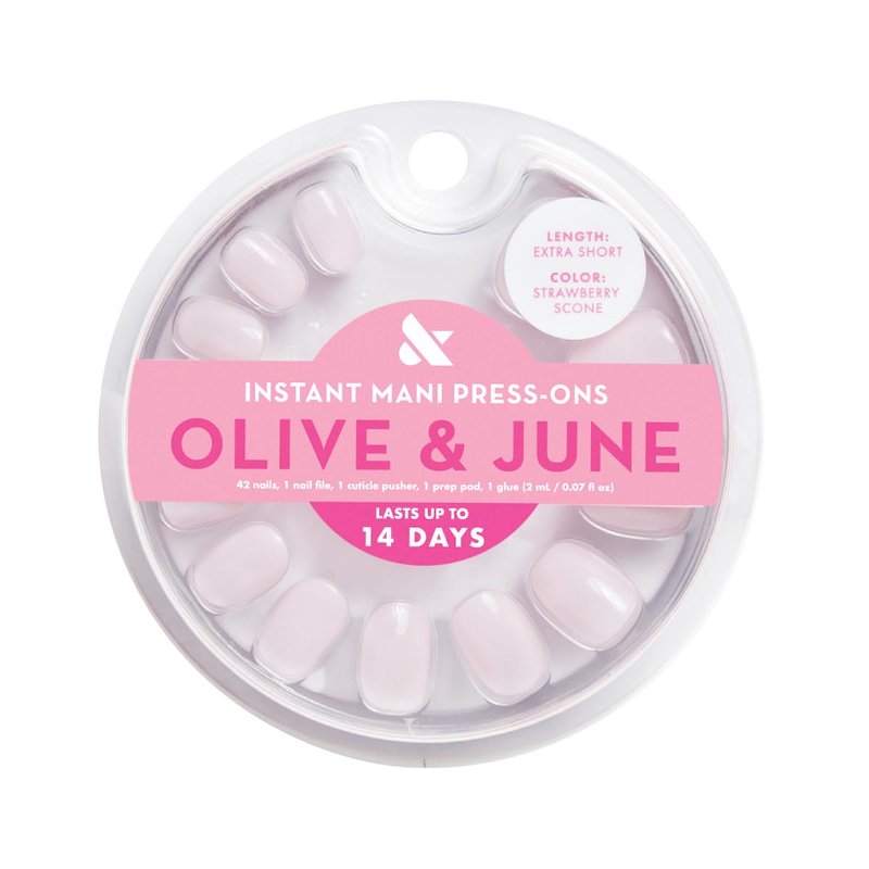 Olive & June Instant Mani Press-On Nails (Glue) | 42 Fake Nails, 21 Sizes | Non-Toxic, Long-Lasting Recycled Materials Realistic Look | Salon-Quality at Home | Extra Short, Round | Strawberry Scone