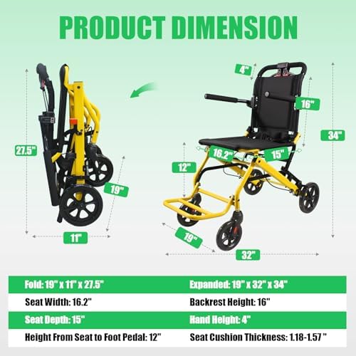 18lbs Ultra-Lightweight Transport Wheelchair for Adults & Elderly,220lbs Capacity,16.2" Seat,Portable Design for Travel & Home Use (Yellow)
