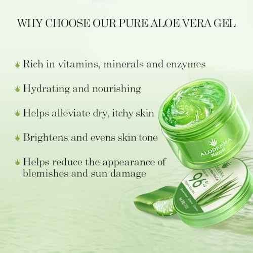 Aloderma Organic Aloe Vera Gel for Face & Body, 96% Pure Aloe Gel Made within 12 Hours of Harvest, Ideal for Skin, Scalp, & Hair Hydration, Calming Moisturizer for Soothing After Sun Care, 7.05oz