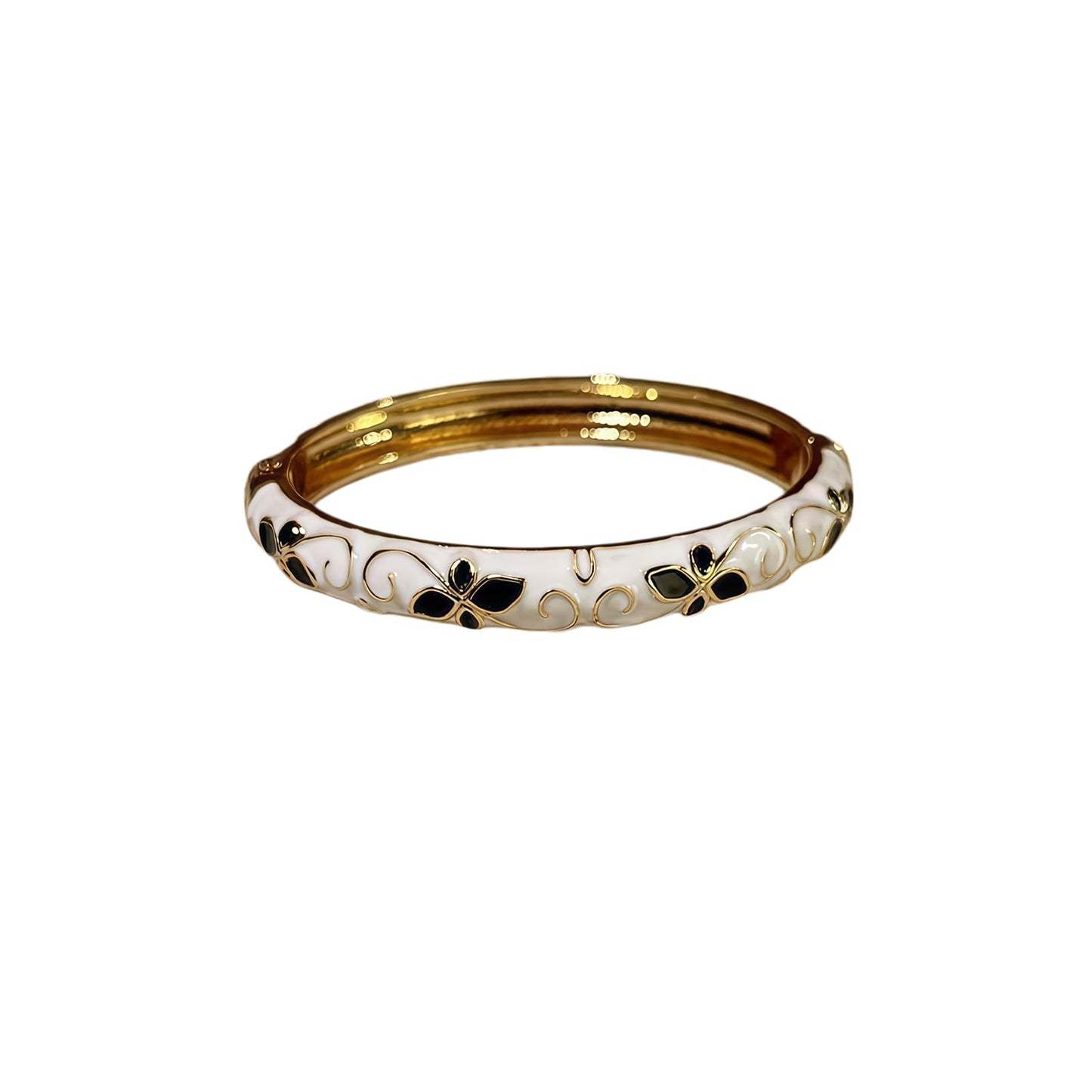 MQCEHTI Vintage Flower Cloisonne Bangle Bracelet for Women, Enamel Chunky Gold Plated Bracelets Jewelry Gifts (White Black Flower)