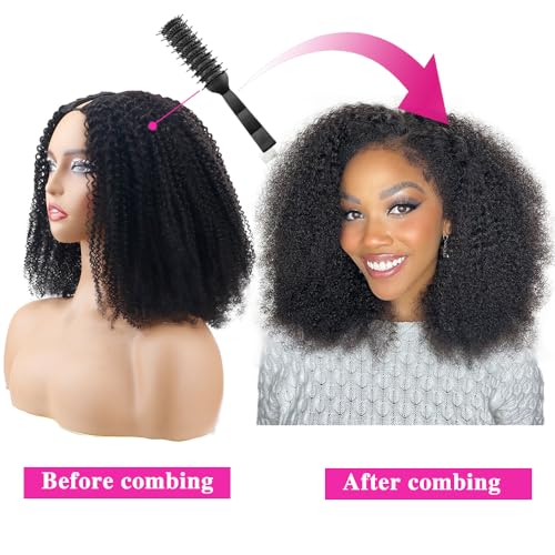 Afro Kinky Curly V Part Human Hair Wigs Human Hair 200% Density Upgrade Afro Curly V Part Wigs With Drawstring Clip In Half V Shape Wigs For Women, Beginner Friendly,Natural Color(16 Inch)