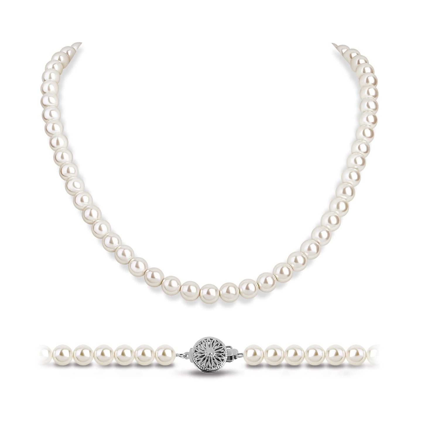 White Pearl Strand Necklace Women: 8mm/10mm Ivory Pearl Chain Wedding Jewelry with Dainty Silver Clasp for Bride Bridemaid - Trendy Accessory for Mother Elegant Lady (8mm)