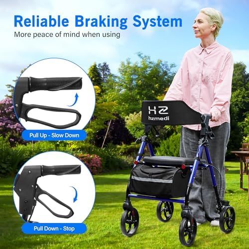 Walkers for Seniors Lightweight with Seat Foldable, Frame 8" Big Wheels Adult Rolling Walker for All Terrain, Dual Adjustable Height Rollator Transport 4 Wheels Walker| Royal Blue