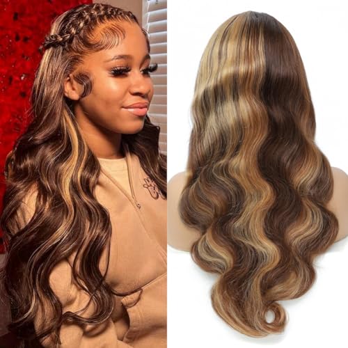 Human Hair Wig 22 Inch 13x4 Ombre Body Wave Lace Front Wigs Human Hair Honey Blonde Wig Pre Plucked with Baby Hair 200 Density 4/27 Highlight Glueless Human Hair Wigs for Black Women
