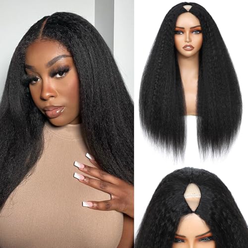 V Part Wig Human Hair Kinky Straight Human Hair Wigs Upgrade U Part Human Hair Wig for Women No Leave Out No Sew In 200% Density Natural Color 22 Inch