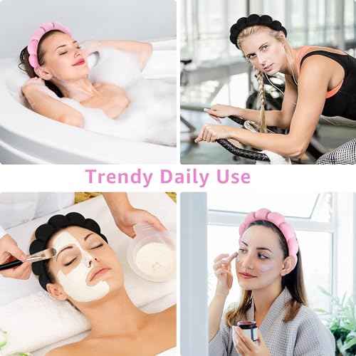 Spa Headbands for Washing Face or Facial, Set of 2 Skincare Headbands, Terry Cloth Headband Wash Combo Pack - Puffy Makeup Washing, Mask, Skin Treatment (Black & Pink)