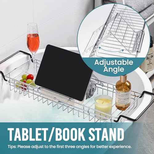 TAILI Bathtub Tray Table for Luxury Bath, Expandable Extra Wide Bthtub Caddy with Reading Holder, 304 Stainless Steel Over The Tub Bath Tray for Bathroom Accessories