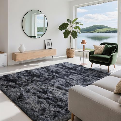 NoiFamo 5x7 Area Rugs for Living Room Bedroom, Soft Fluffy Shaggy Bedside Rug, Indoor Floor Carpet for Kids Playroom, Dorms, Nursery Rooms, Home Decor (Tie-Dyed Dark Grey 5'x7')