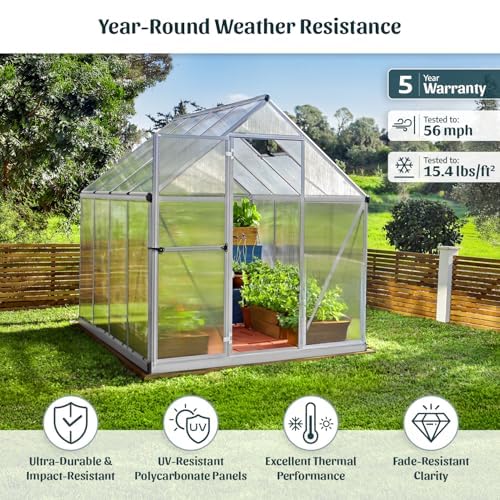 Palram - Canopia 6x10 Greenhouse Kit, Hobby Walk-In Twin-Wall UV Polycarbonate Heavy Duty Aluminum Frame, Lockable Door, Adjustable Roof Vent, Rain Gutters, Galvanized Steel Base, Mythos (Silver)