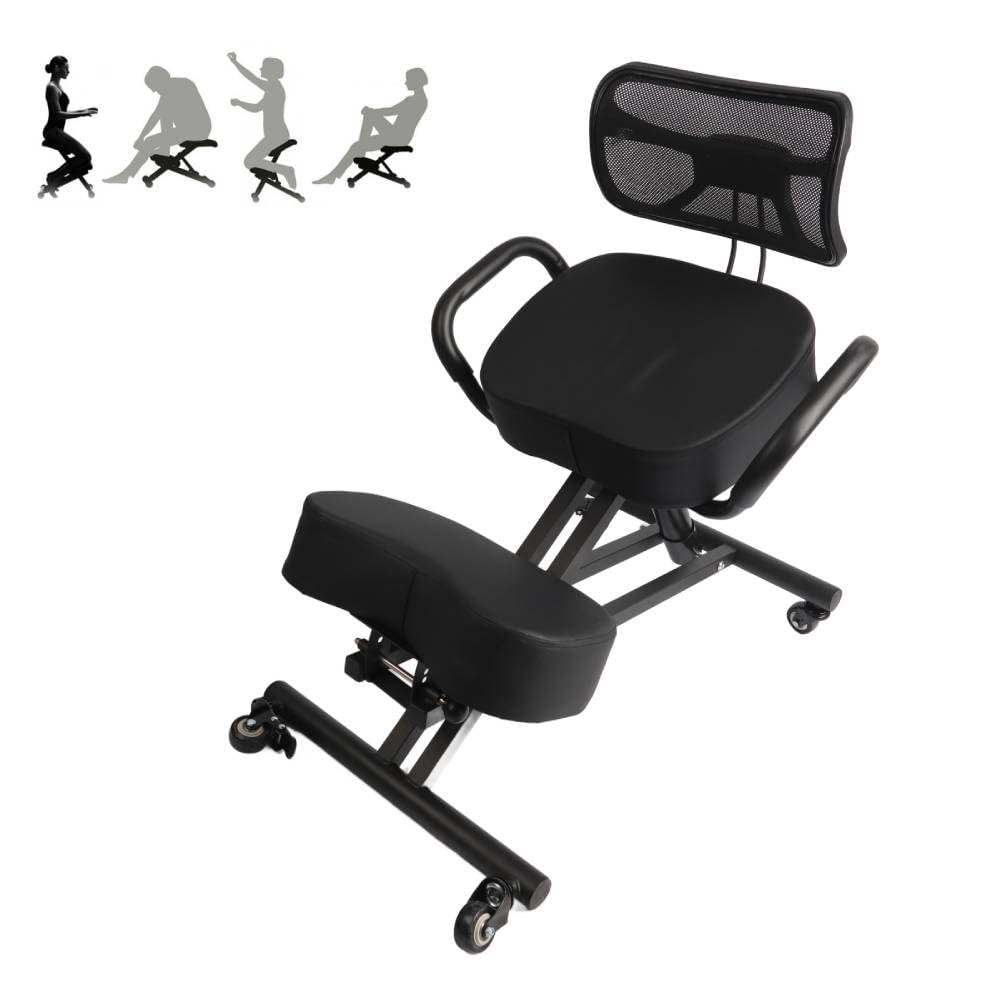 Ergonomic Height Adjustable Breathable Kneeling Chair Back Support Kneeling Chair with Leather Cushion Comfortable Mesh Backrest, Spine Alignment Support