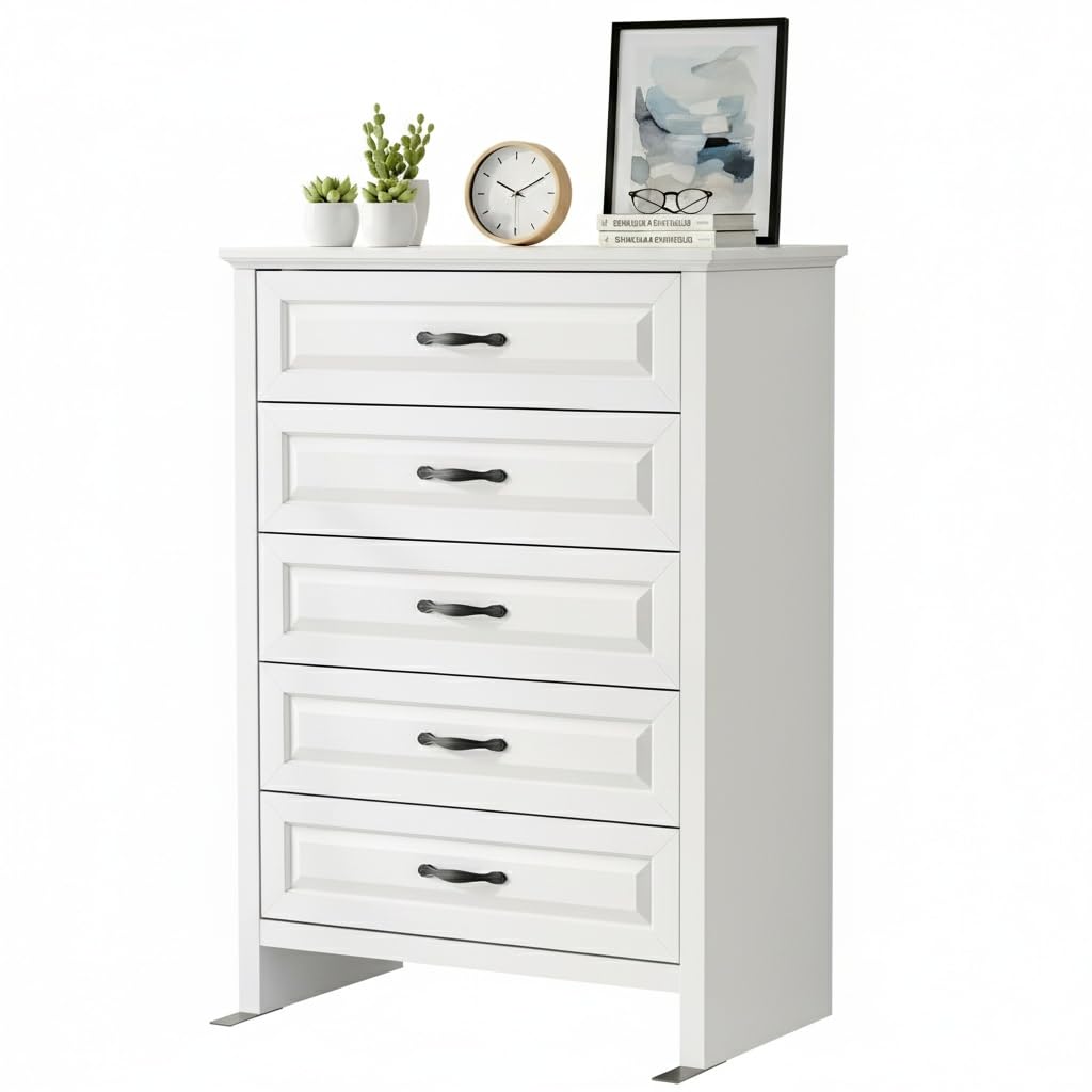 Marsail Farmhouse 5 Drawer Dresser, Wood Chest of Drawers with Natural Texture, Smooth Gliding Drawers, Versatile Storage Organizer Cabinet for Bedroom & Living Room, White