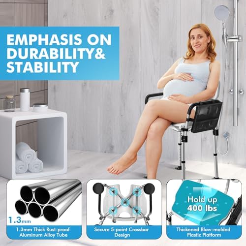 FORTEMOTUS Shower Chair for Inside Shower 400 lbs, Shower Chair for Elderly and Disabled with U Shaped Seat, Padded Arms and Back, Adjustable Height for Bathtub, Bathroom
