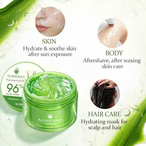 Aloderma Organic Aloe Vera Gel for Face & Body, 96% Pure Aloe Gel Made within 12 Hours of Harvest, Ideal for Skin, Scalp, & Hair Hydration, Calming Moisturizer for Soothing After Sun Care, 7.05oz