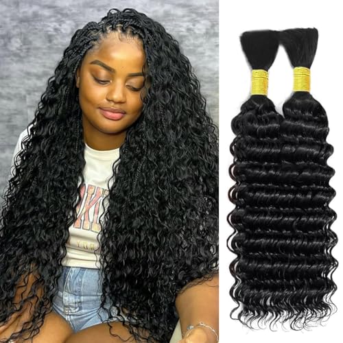 Human Braiding Hair for Boho Braids Deep Wave Bulk Human Hair Brazilian Virgin Curly Human Hair Extension Wet and Wavy Micro Human hair Braiding Hair 2 Bundles/Pack 100g(Natural Black,26inch)