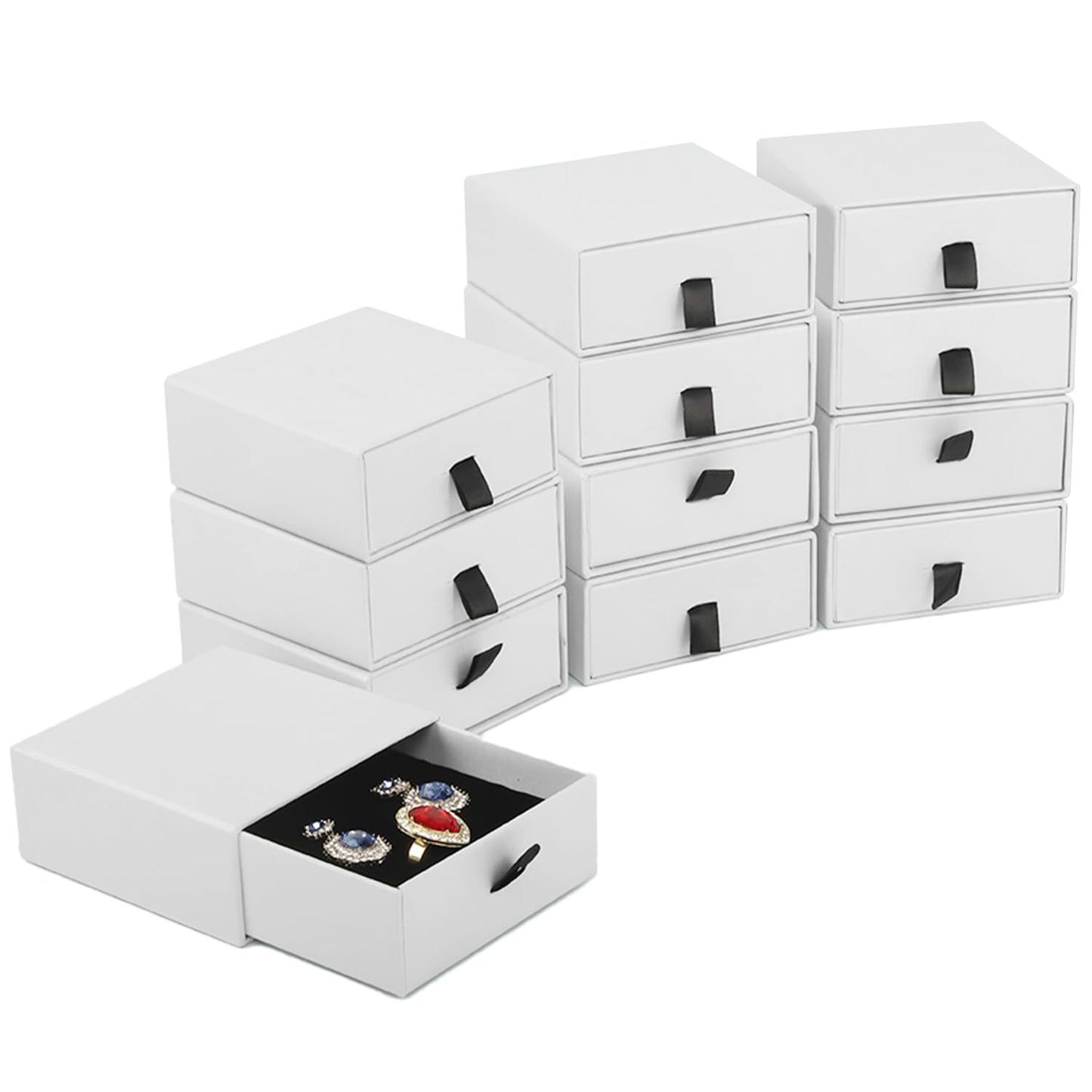 Nsmykhg Jewelry Gift Box Velvet-Lined,12 Pack Compact Drawer Style for Earrings & Rings, Necklace & Bracelet Organizer, 3.93x3.93x1.65 Inches, Stackable Elegant Jewelry Display & Storage Box (White)