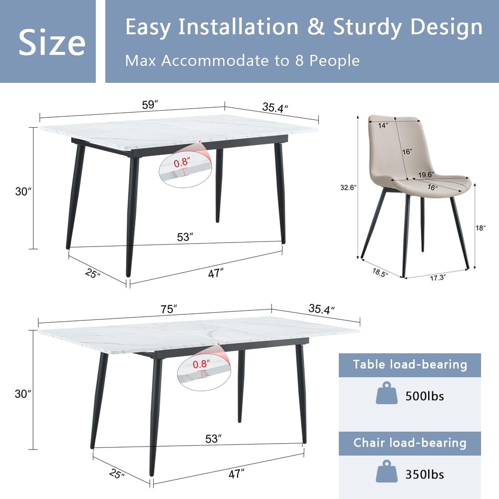 FURNITO 7 Piece Dining Table Set, 59"-75" Extendable Dining Room Table Set with 6 Upholstered Chairs, White Kitchen Table Chairs Set for Living Room, Apartment, Easy to Assemble