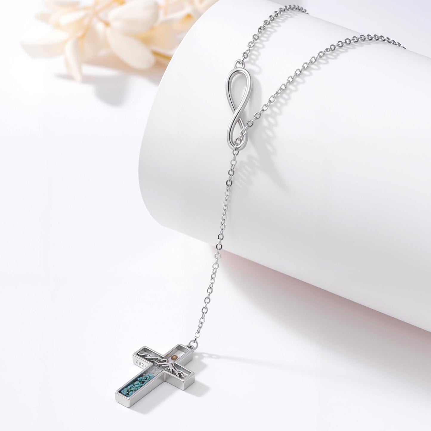 Suiknsn Mustard Seed Necklace for Women 925 Sterling Silver Turquoise Mountain Y-Necklace Faith Cross Pendant Necklace Christian Jewelry Nature Hiking Gifts for Girlfriend