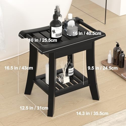 Bamboo Shower Bench Stool with Storage Shelf Small Shower Chair Seat for Inside Shower 16 x 10 x 17 Inches Black