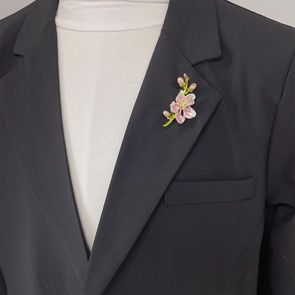 Elegant Peach Blossom Cz Brooch for Women Men Delicate Crystal Flower Faux Pearl Enamel Lapel Pins Dress Coats Scarves Accessories Wedding Party Prom Fashion Jewelry