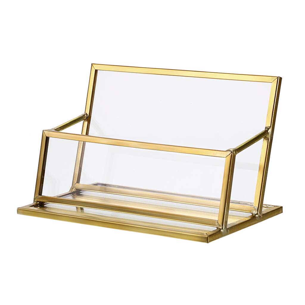 Hipiwe Glass Business Card Holder Stand - Vintage Gold Metal Name Card Display Stand Office Desktop Countertop Business Card Organizer