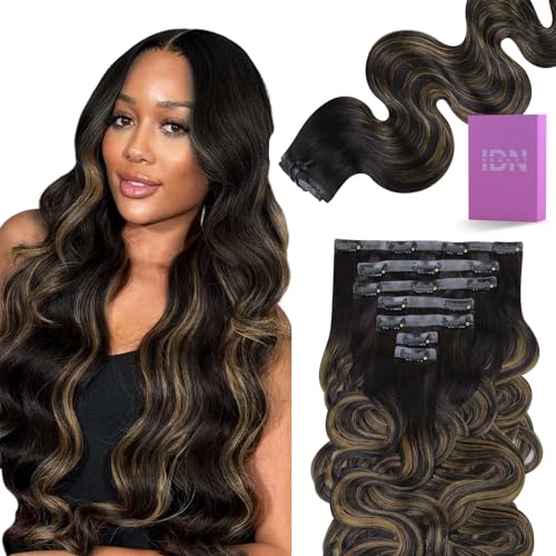 IDN BEAUTY Seamless Clip In Hair Extensions Human Hair, Body Wave 16 Inch 110g 7pcs, 1B/6/1B Balayage Natural Black to Chestnut Brown Remy Hair Seamless Clip Ins For Black Women PU Invisible Edge