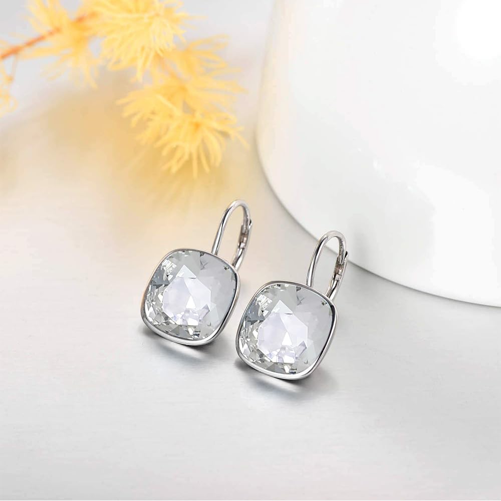AOBOCO Sterling Silver Leverback Earrings with Crystals, Hypoallergenic Cushion Cut Square Crystal Earrings, Fine Anniversary Birthday Jewelry Gifts for Women, White