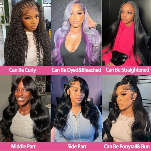 24 Inch Body Wave Lace Front Wigs Human Hair Pre Plucked 200 Density 13x4 HD Lace Frontal Wigs for Women Natural Black