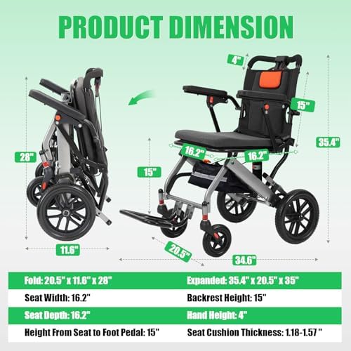 20 LBS Transport Wheelchair Lightweight Foldable,Wheelchairs for Adults, 1s Quick Folding, Quadruple Shock Absorption,Portable Wheelchair for Travel, Hospital & Home Use (Orange)