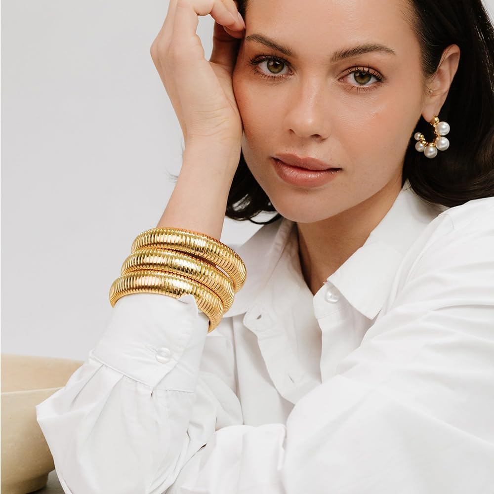 JUNYANGY Gold Bangles for Women Set of 3 Chunky Stretch Bangles Bracelets 24K Gold Plated Stainless Steel Bracelets Flexible Wide Stack Bracelets Designer Look Alike Jewelry for Women (12mm Gold)