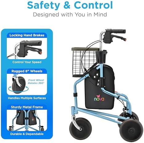 Nova Joy Traveler Folding 3 Wheel Walker with Tray, Basket and Pouch - Lightweight Mobility Aid for Seniors - 8 Inch Wheels - Essential for Tight Spaces and Travel - Sky Blue