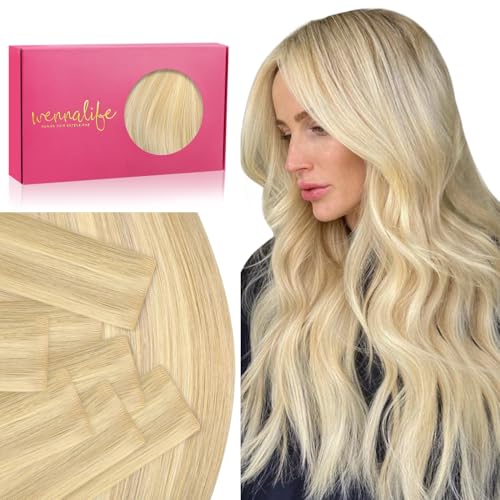 WENNALIFE Invisi Edge Tape in Hair Extensions Human Hair, 20 Inch 50g 20pcs Light Blonde Highlighted Golden Blonde Invisible Luxury Remy Hair Extensions Natural Seamless Injected Tape Ins Straight