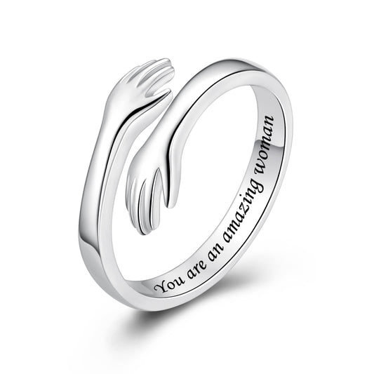 ACJFA Hug Rings for Women Sterling Silver Adjustable Ring for Women Daughter Hand Ring Jewelry for Birthday Gifts Holiday Gift for Teens(You are an amazing woman)